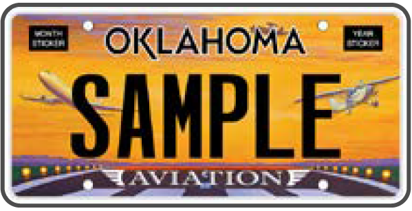 Oklahoma Aviation specialty license plate with orange sunset design