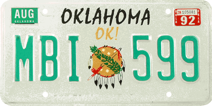 Oklahoma 1989 to 1994 license plate with Osage Nation battle shield