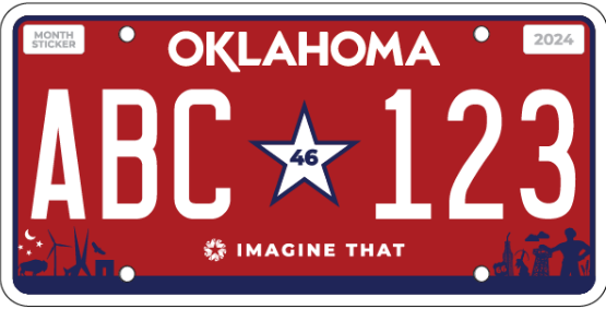 Oklahoma standard license plate 2024 design, red background with white ABC 123 serial